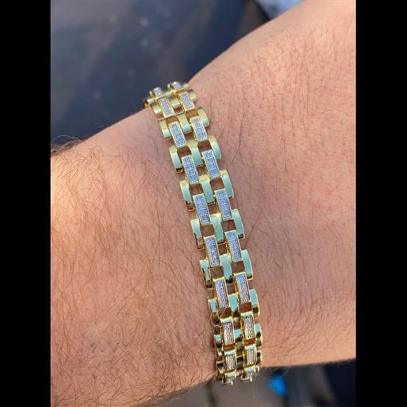 10k Gold Plated Real Solid 925 Silver Iced Men's Presidential Link Bracelet CZ
